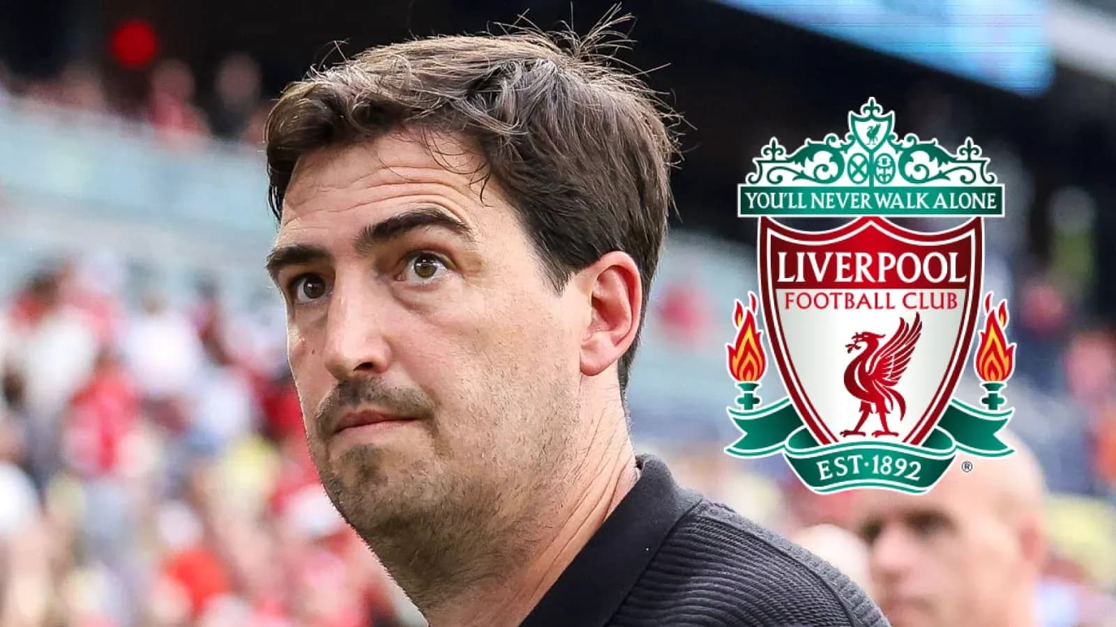 Entrenador con escudo de Liverpool en fondo Entrenador con escudo de Liverpool en fondo