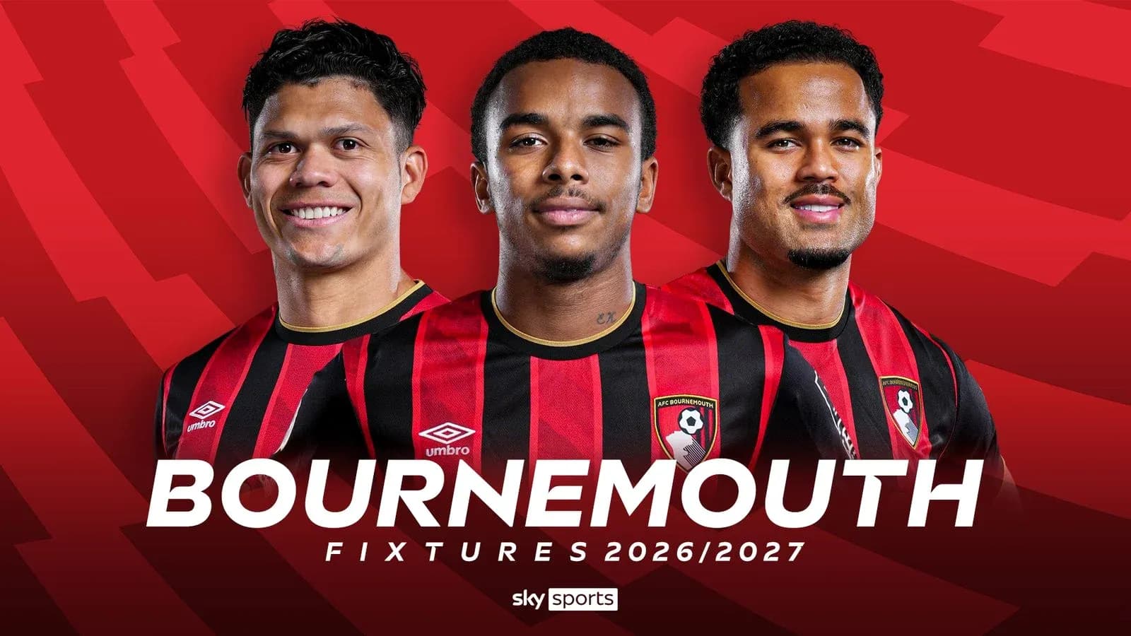 Tres jugadores de AFC Bournemouth con camiseta roja y negra Tres jugadores de AFC Bournemouth con camiseta roja y negra