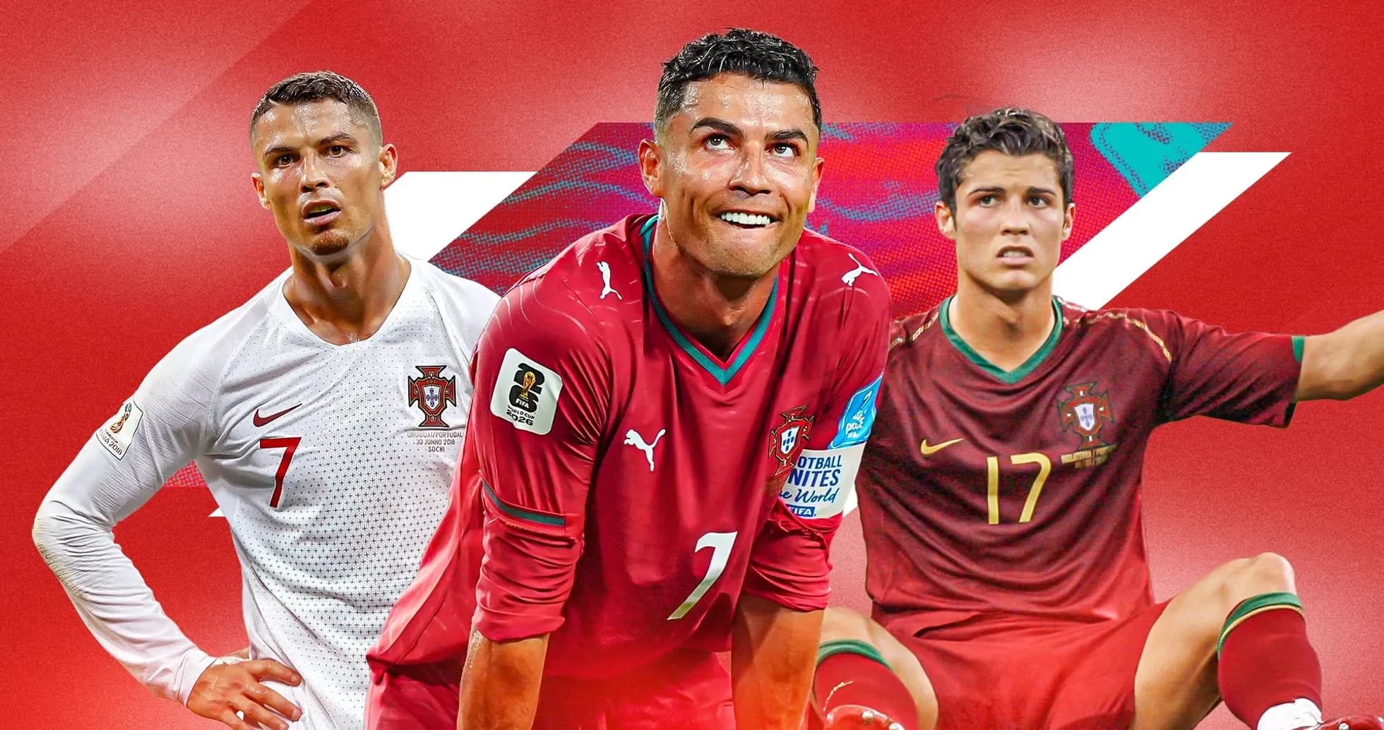 Tres versiones de Cristiano Ronaldo en diferentes uniformes Tres versiones de Cristiano Ronaldo en diferentes uniformes