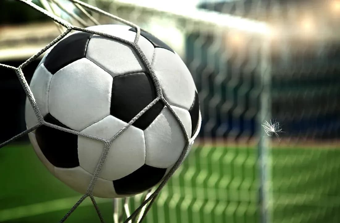Balón de fútbol en la red de la portería Balón de fútbol en la red de la portería