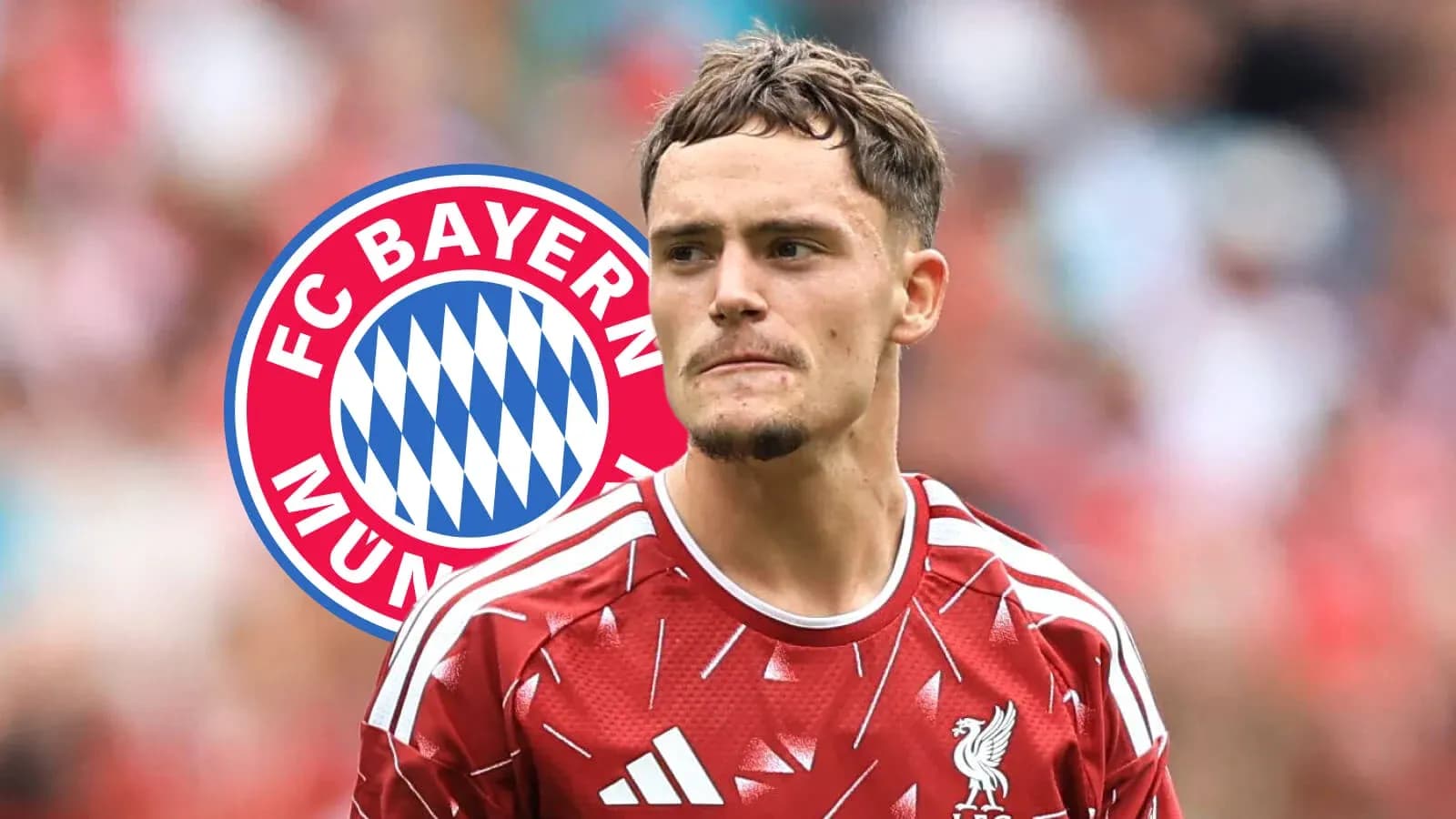 Jugador de Liverpool con logo de Bayern Múnich detrás Jugador de Liverpool con logo de Bayern Múnich detrás