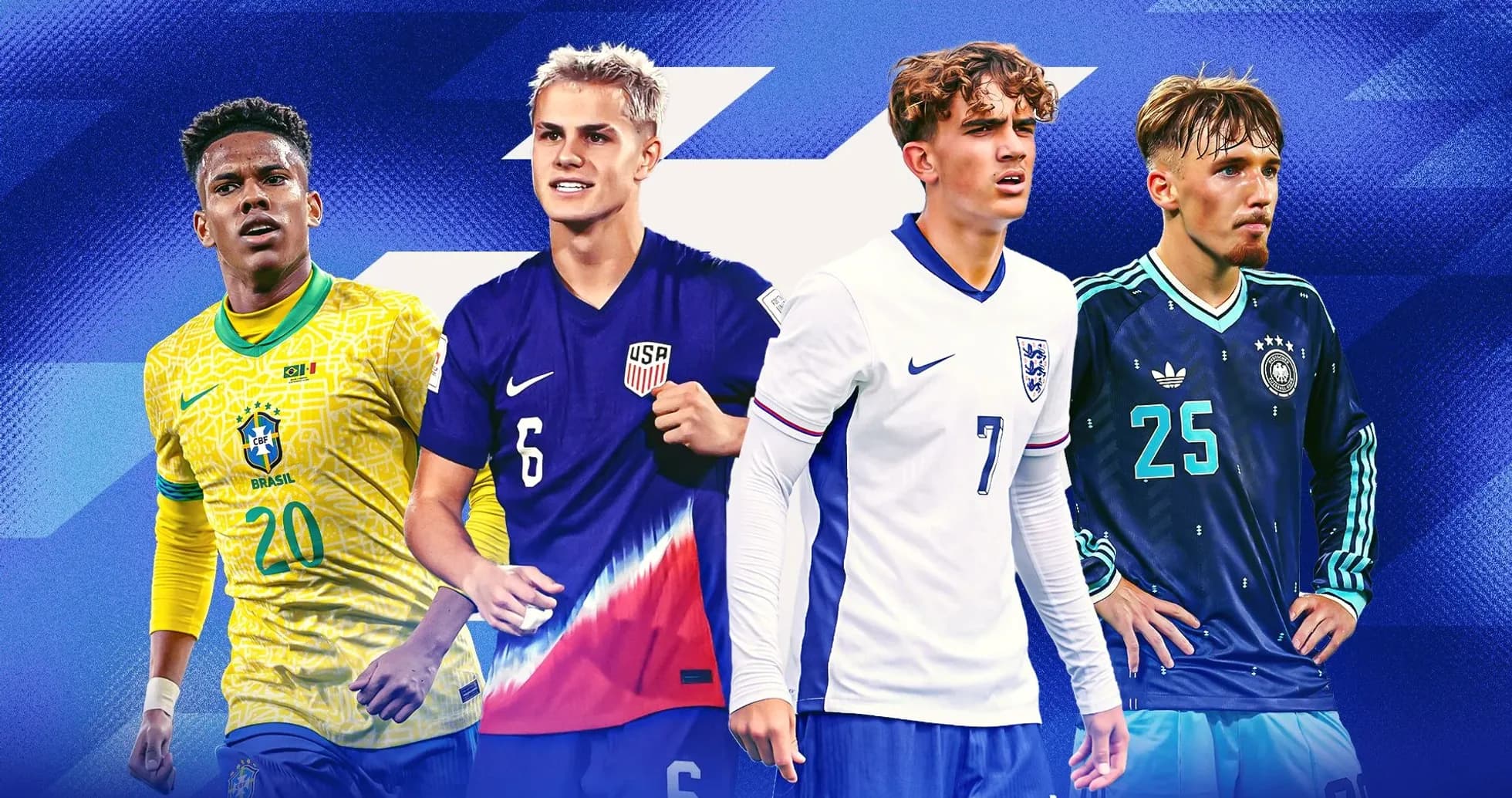 Cuatro jugadores de fútbol en camisetas de selecciones Cuatro jugadores de fútbol en camisetas de selecciones